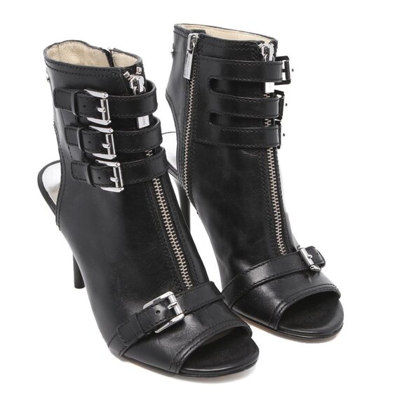 Michael Kors Leather Peep Toe Booties Ankle Shooties Boots Buckles Zippers Black - Picture 10 of 12